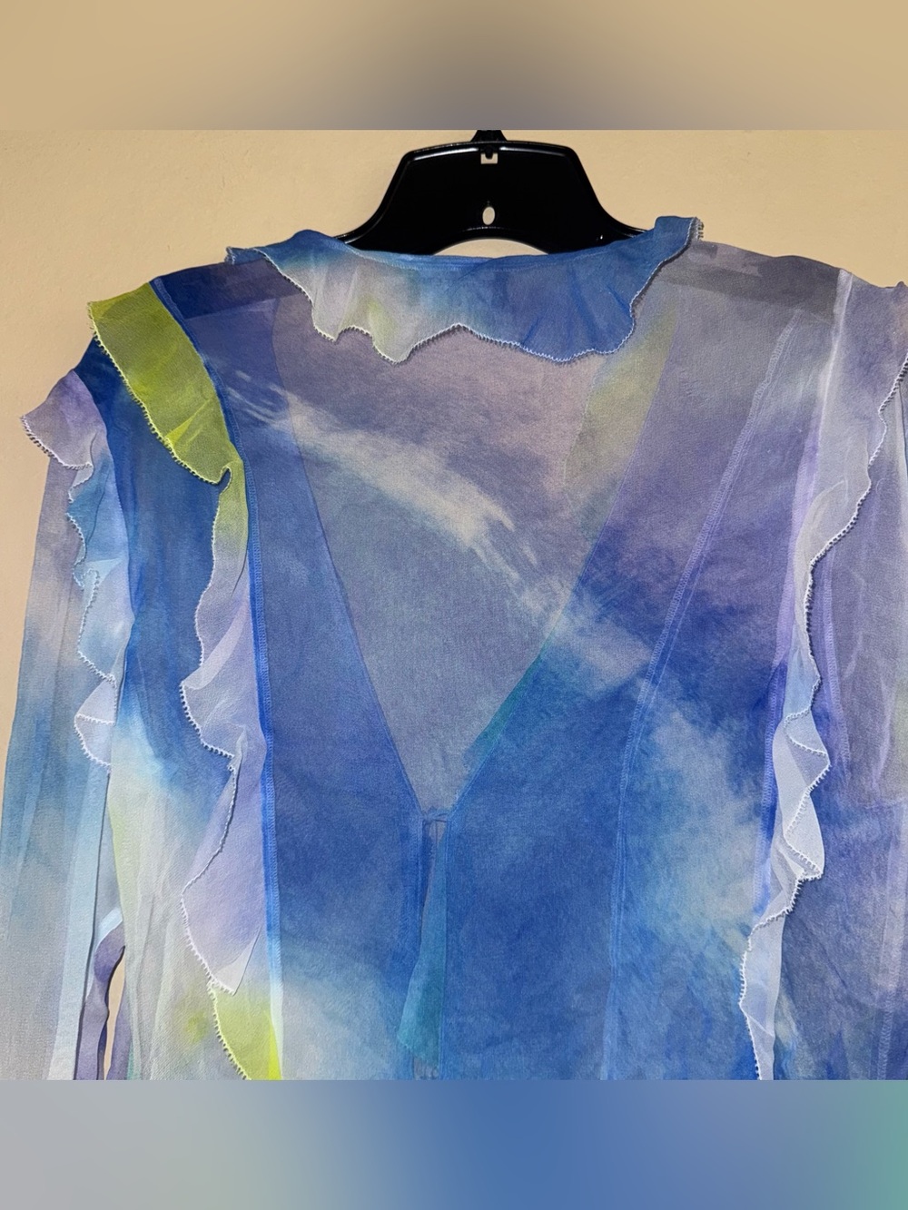 RETROFÊTE AVIVA SILK CHIFFON BLOUSE Watercolor Wave Tie Front Sheer Size L - Picture 12 of 14